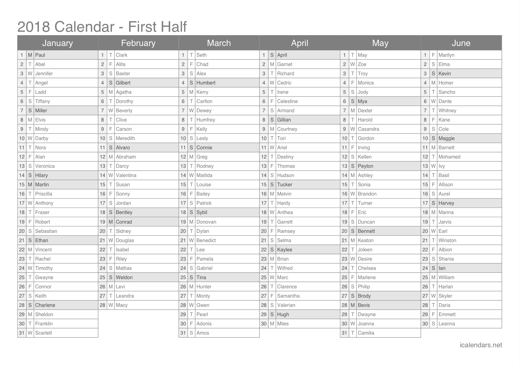 2018 Printable Calendar Pdf Or Excel Icalendars