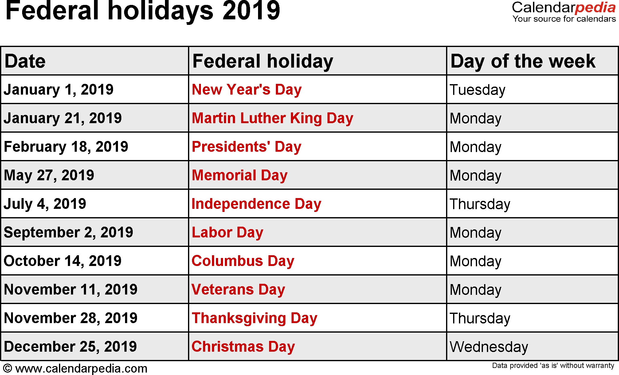 Federal Holiday Calendar 2019 Qualads