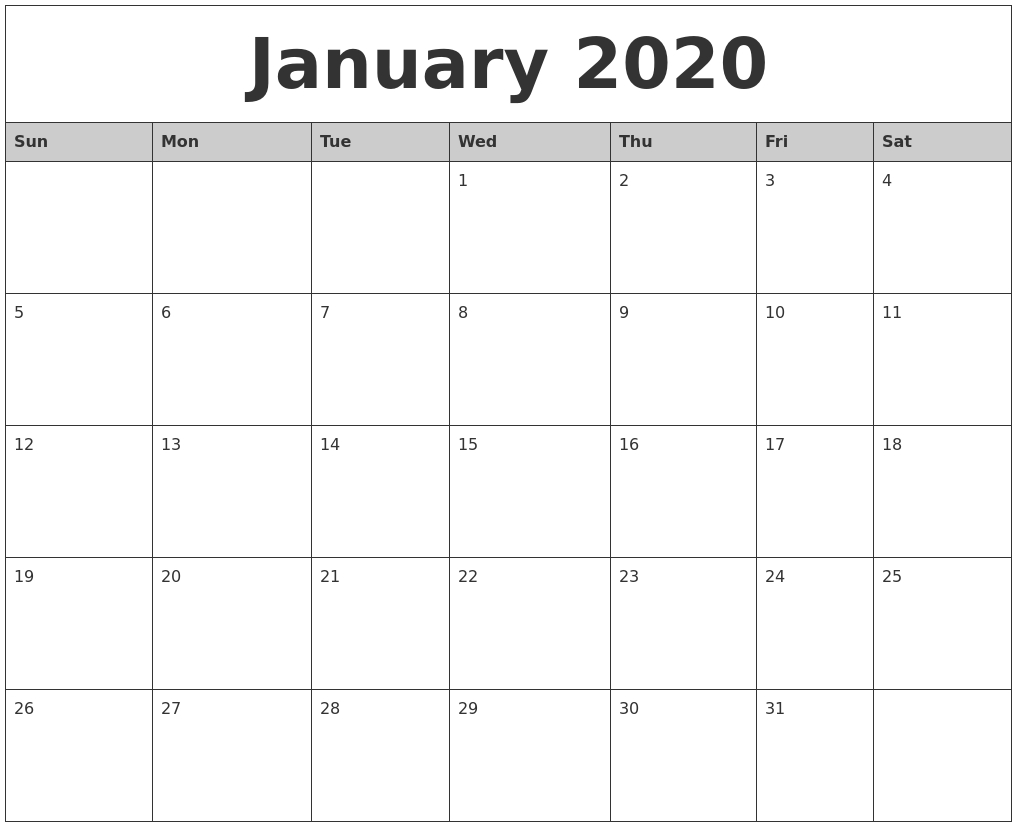 January 2020 Monthly Calendar Printable