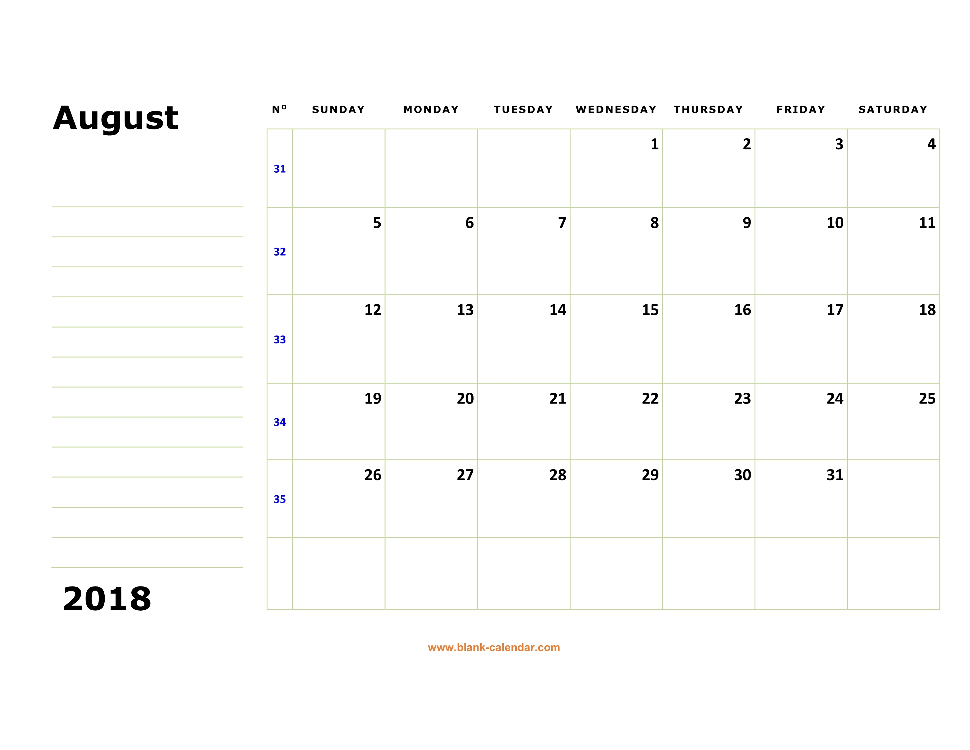 Free Download Printable August 2018 Calendar Large Box Holidays