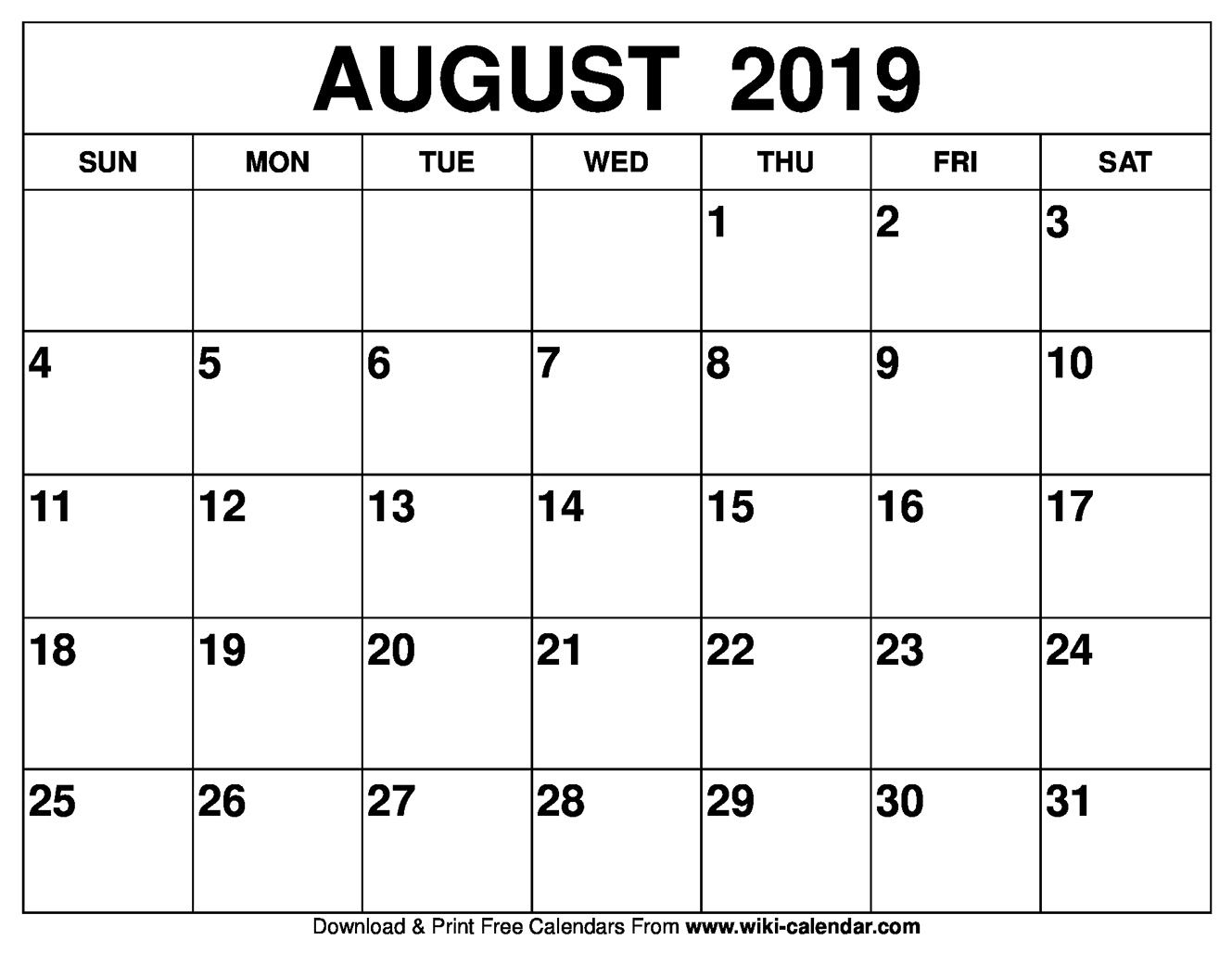 Blank August 2019 Calendar Printable