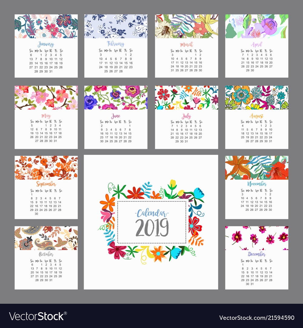 Calendar 2019 Floral Calendar With Colorful Vector Image