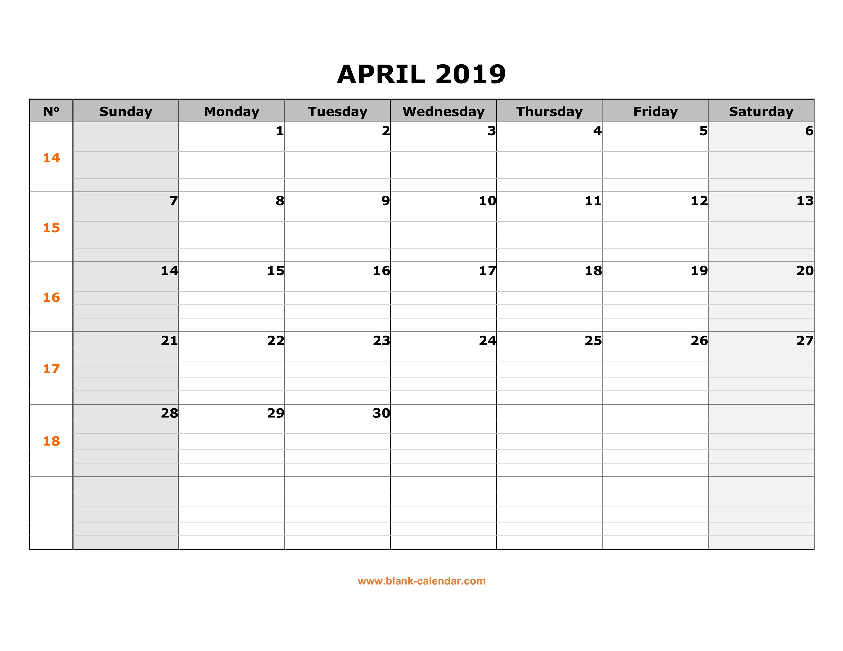 Free Download Printable April 2019 Calendar Large Box Grid Space