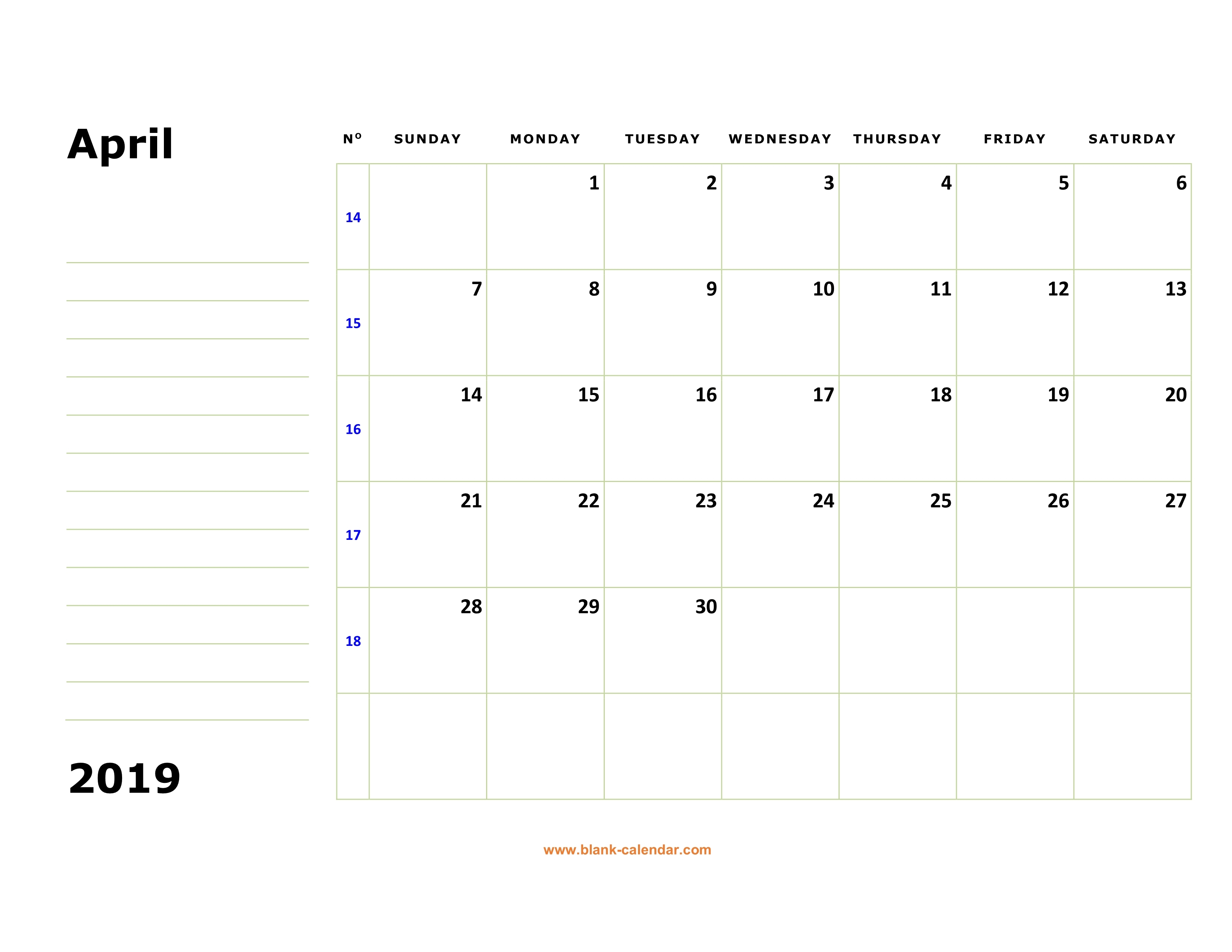 Free Download Printable April 2019 Calendar Large Box Holidays
