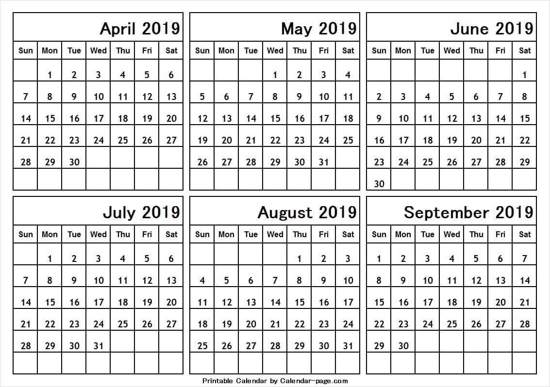 Six Month April September 2019 Calendar Blank 6 Month Calendar