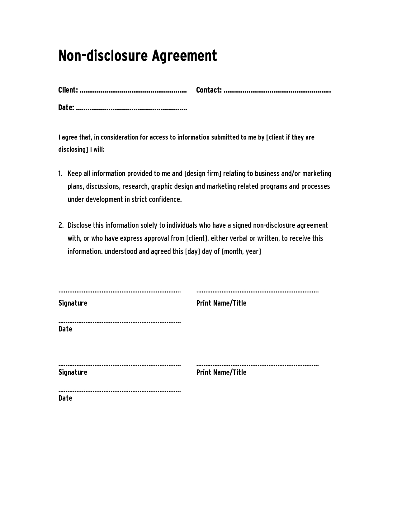 Non Disclosure Agreement Template Confidentiality Agreement