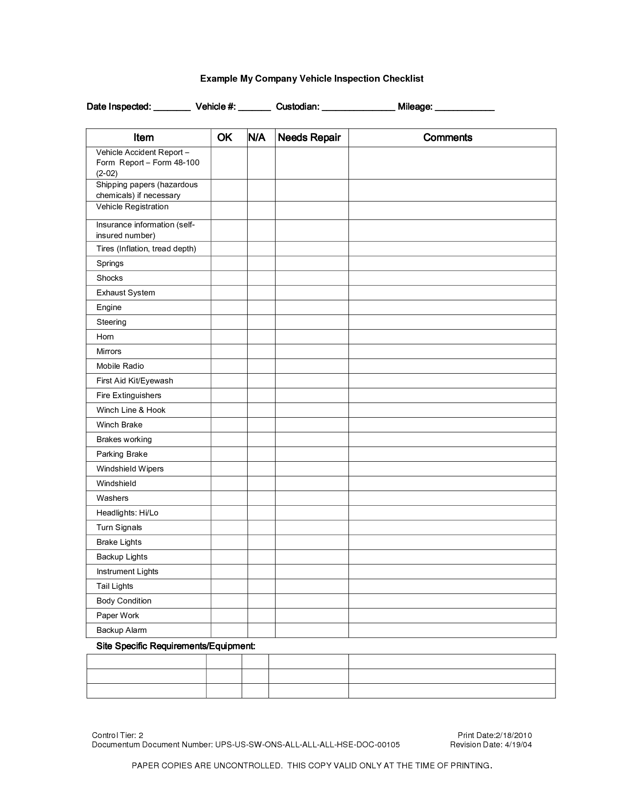Vehicle Inspection Checklist Template Vehicle Inspection Vehicle