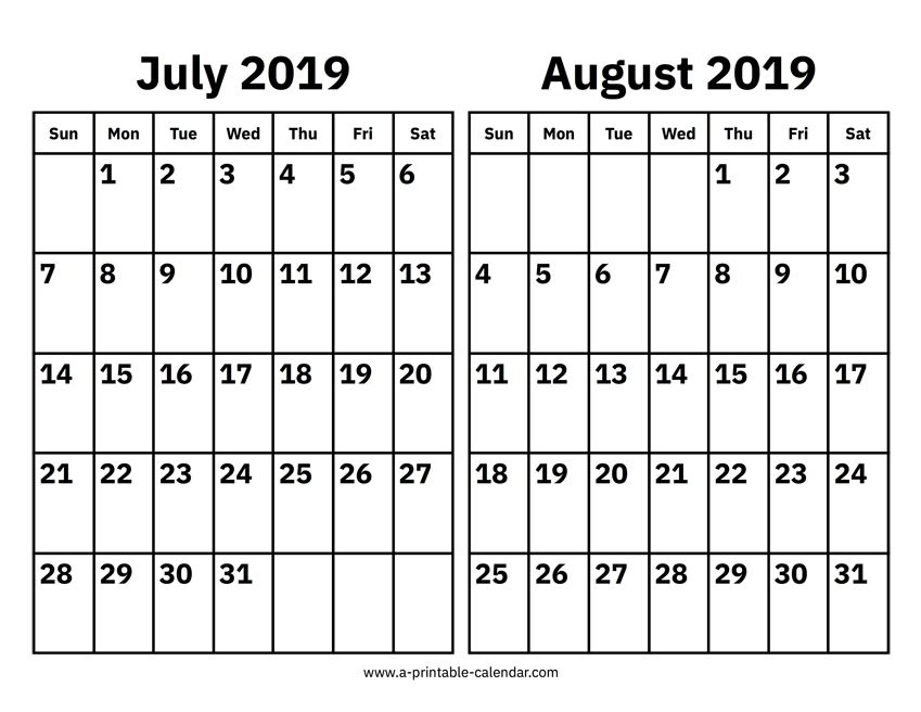 July And August 2019 Calendar Printable Calendar 2019