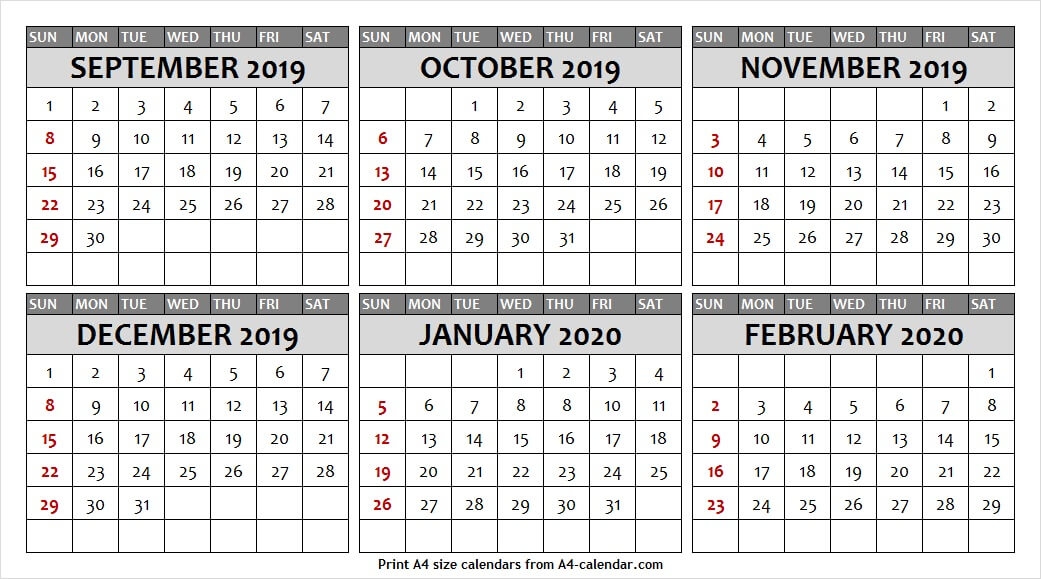 6 Month Calendar September To February 2020 Printable Template