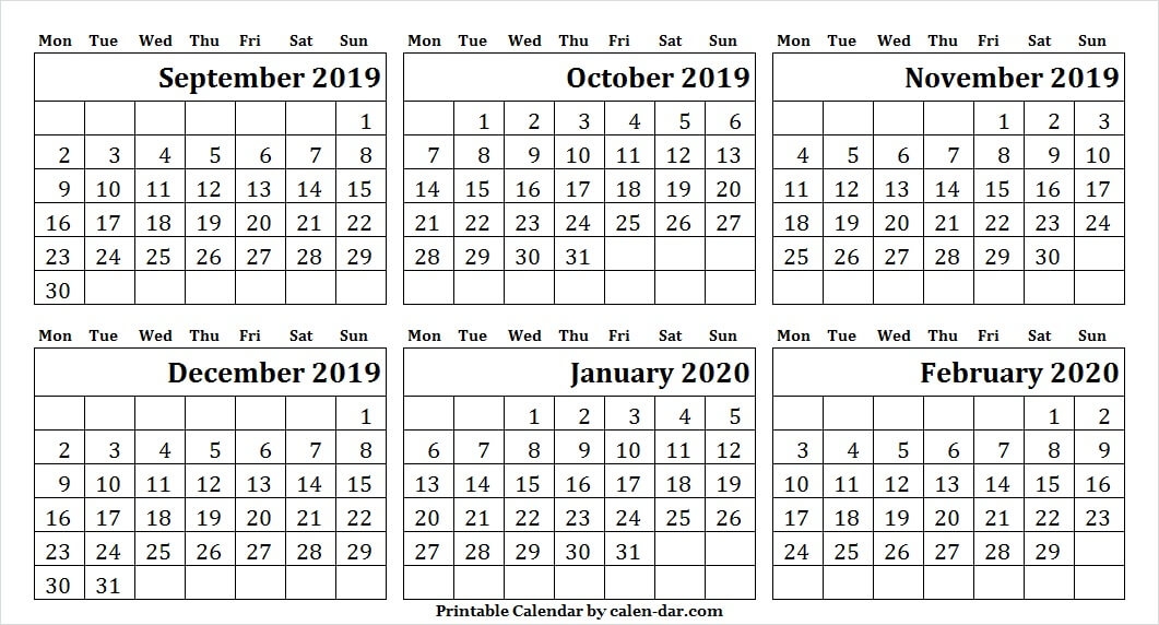 6 Month Calendar September To February 2020 Printable Template