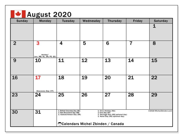 August 2020 Calendar Canada Michel Zbinden En