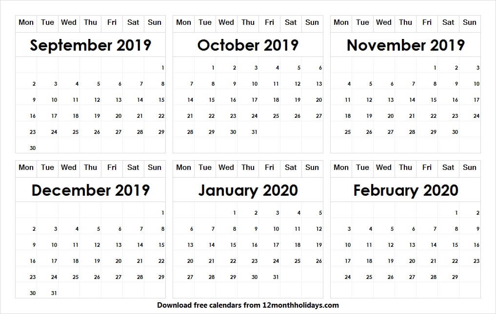 Calendar 2019 September To 2020 February Template 6 Month Calendar