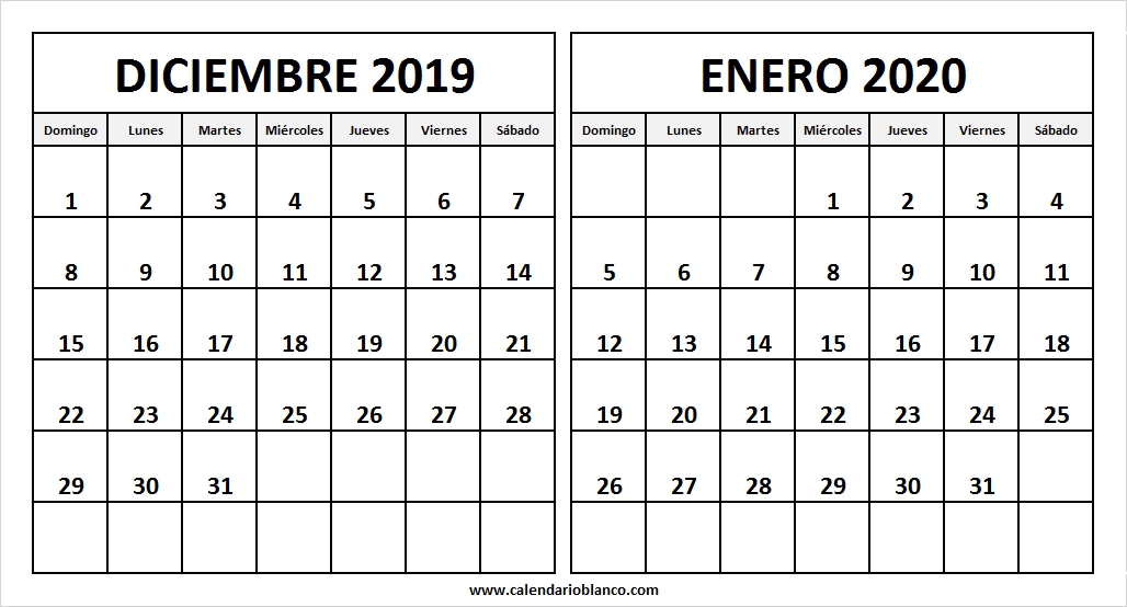 Calendario De Diciembre 2019 Y Enero De 2020 Calendario En Blanco