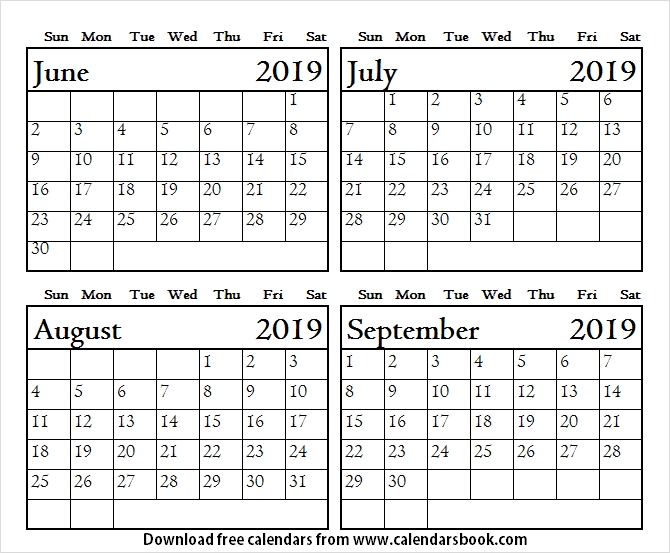June To September 2019 Blank Calendar Four Month Calendar