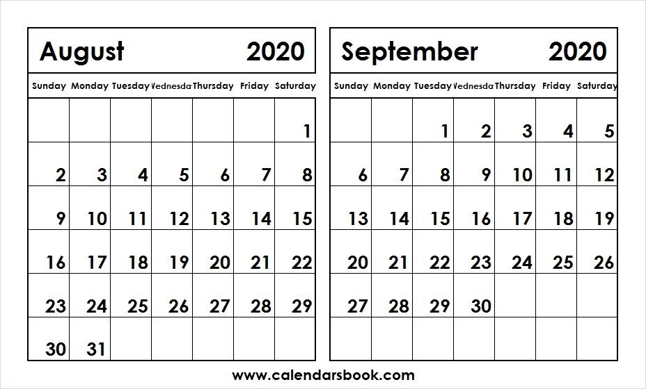 Print August September 2020 Calendar Template 2 Month Calendar