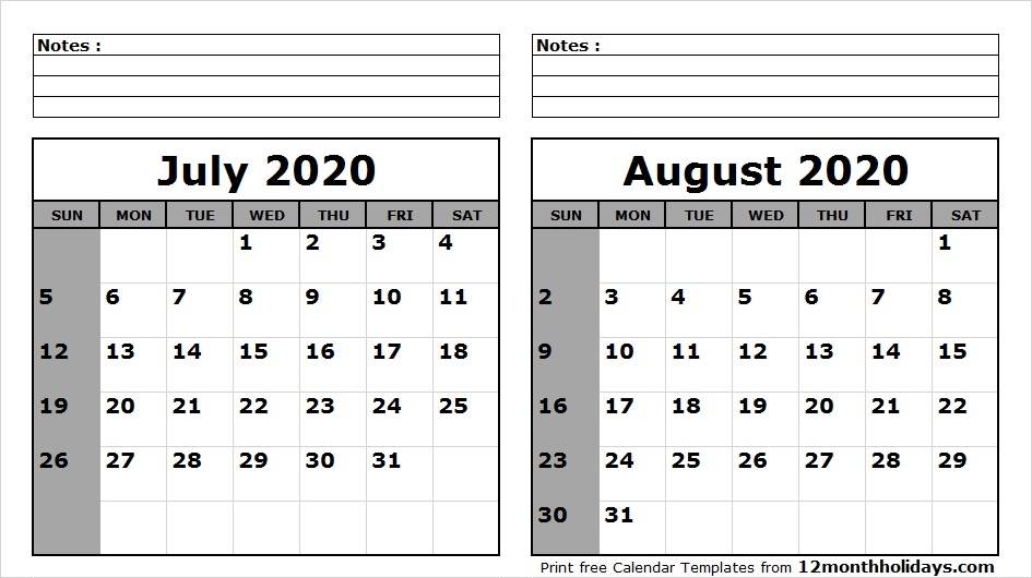 Print July August 2020 Calendar Template 2 Month Calendar