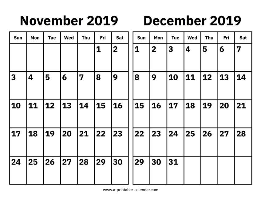 November And December 2019 Calendar Printable Calendar 2019