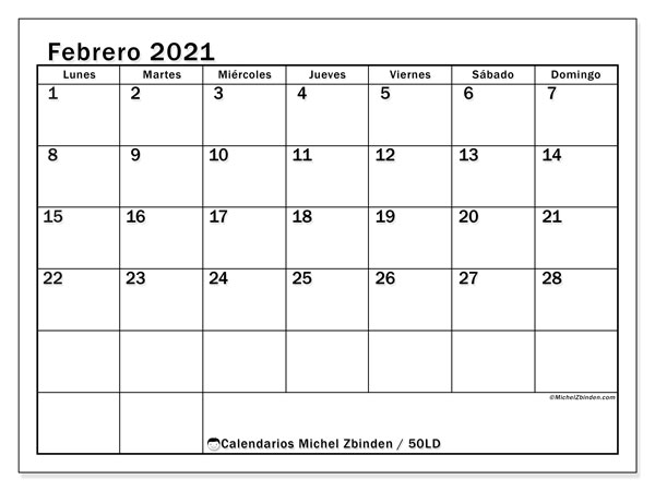 Calendario Febrero 2021 (50Ld) - Michel Zbinden Es