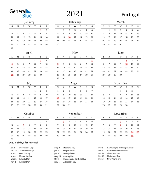 2021 Calendar - Portugal With Holidays