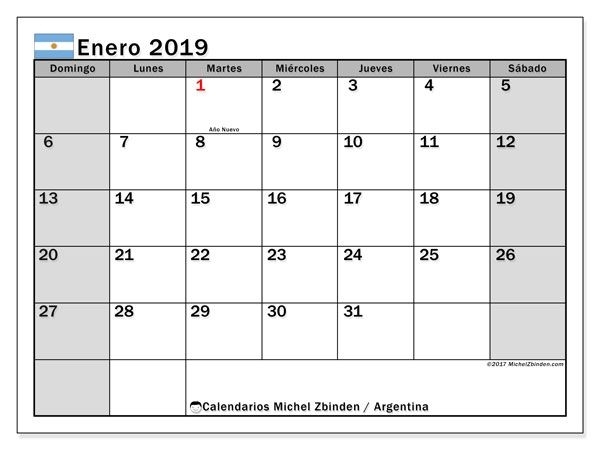 Calendario Enero 2019, Argentina | Calendario Enero