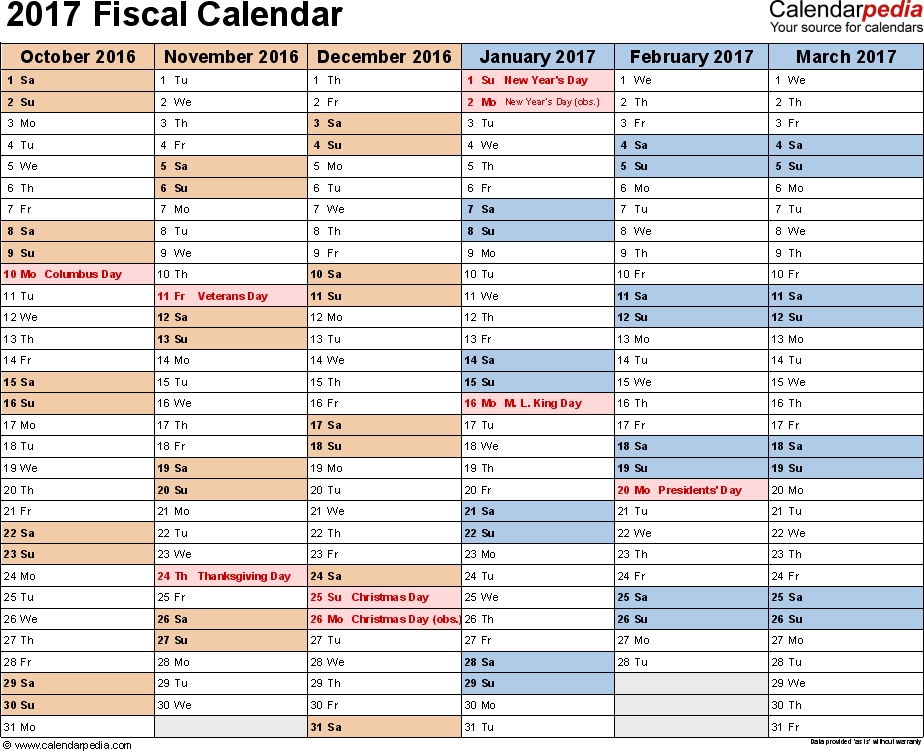 Fiscal Calendars 2017 - Free Printable Word Templates