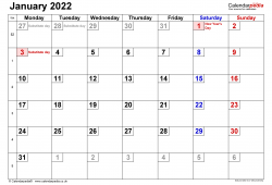 Free January 2022 Calendar with UK
