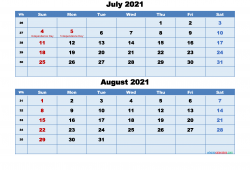 July August 2021 Calendar to Print