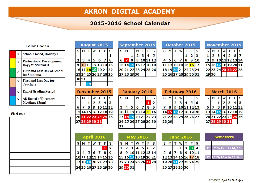 2015 2016 Ada School Calendar Akron Digital