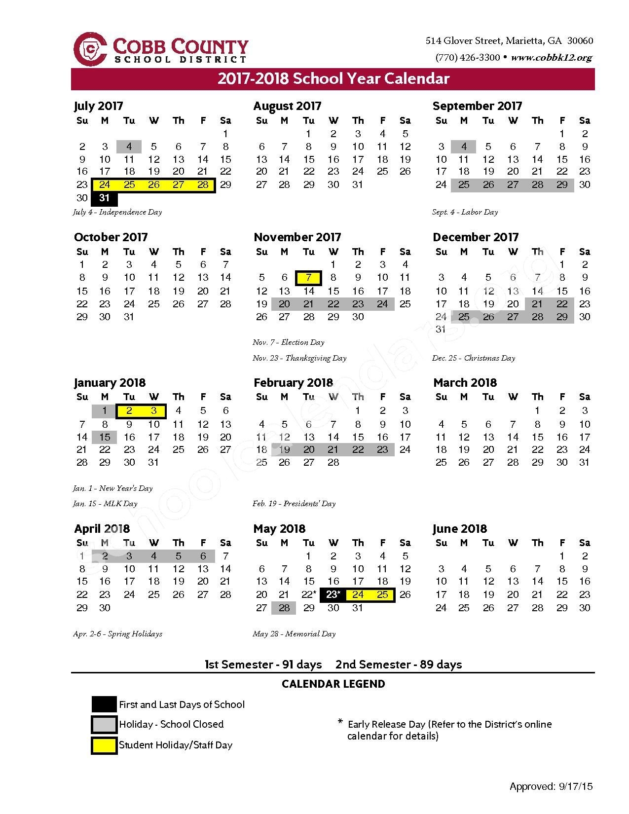 2017 2018 District Calendar Cobb County School District Page 1