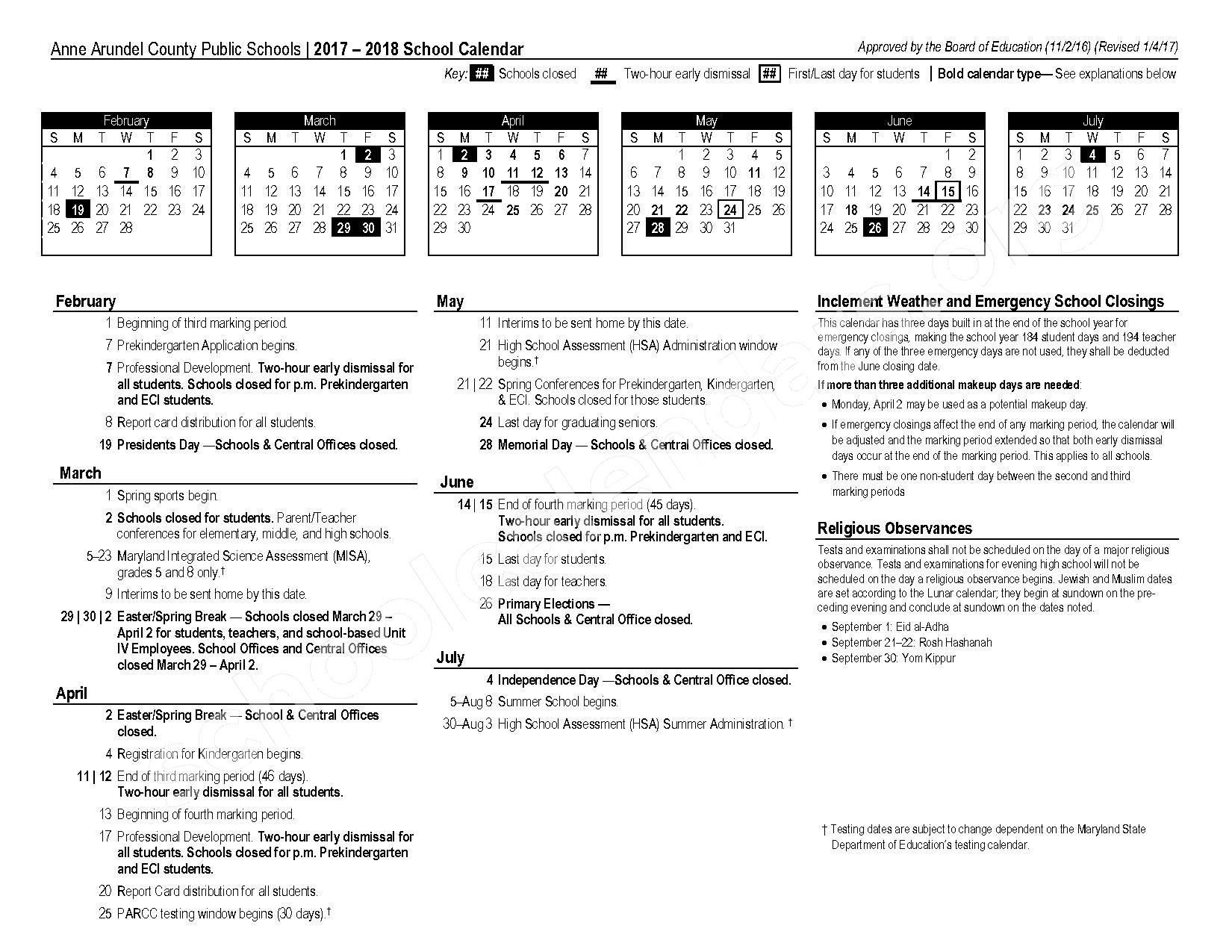 Anne Arundel County School Calendar