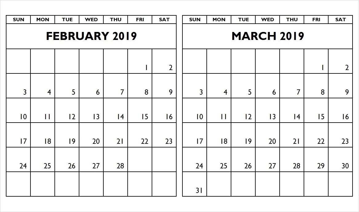 2019 Calendar January February March Calendar Template Printing