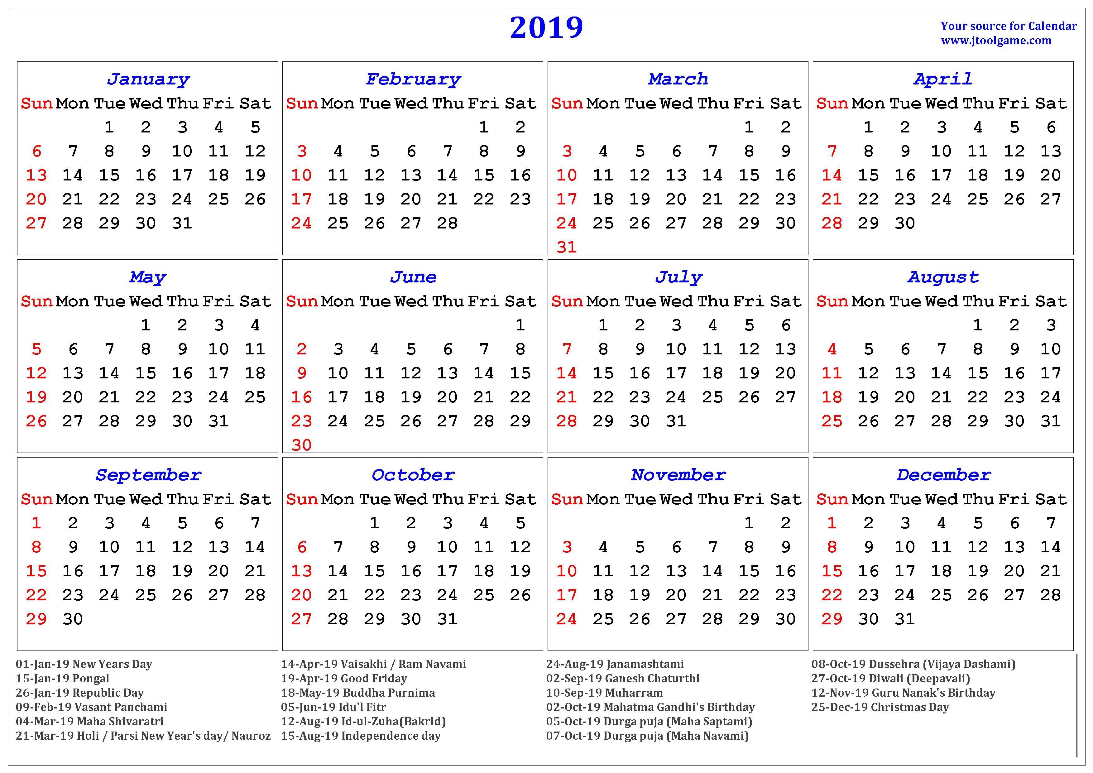 2019 January Calendar With Indian Holidays