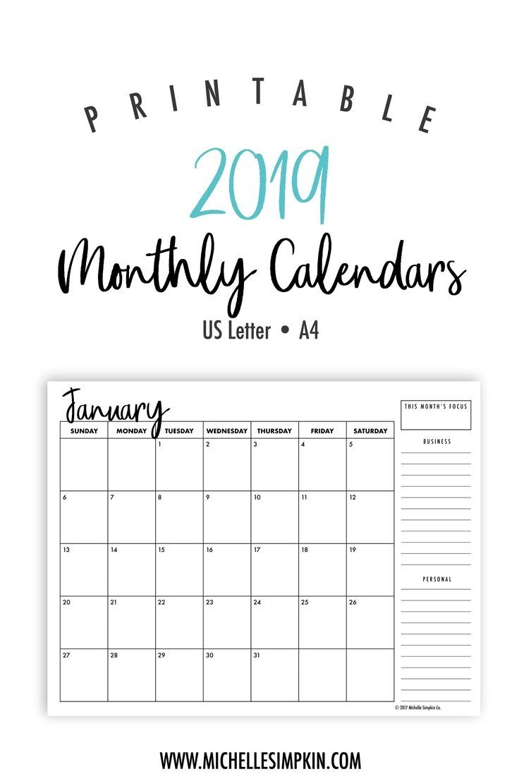 2019 Free Printable Calendar