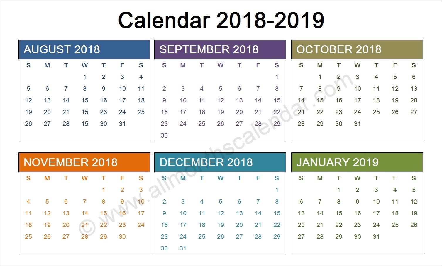 August 2018 To January 2019 Calendar Template Calendar Design