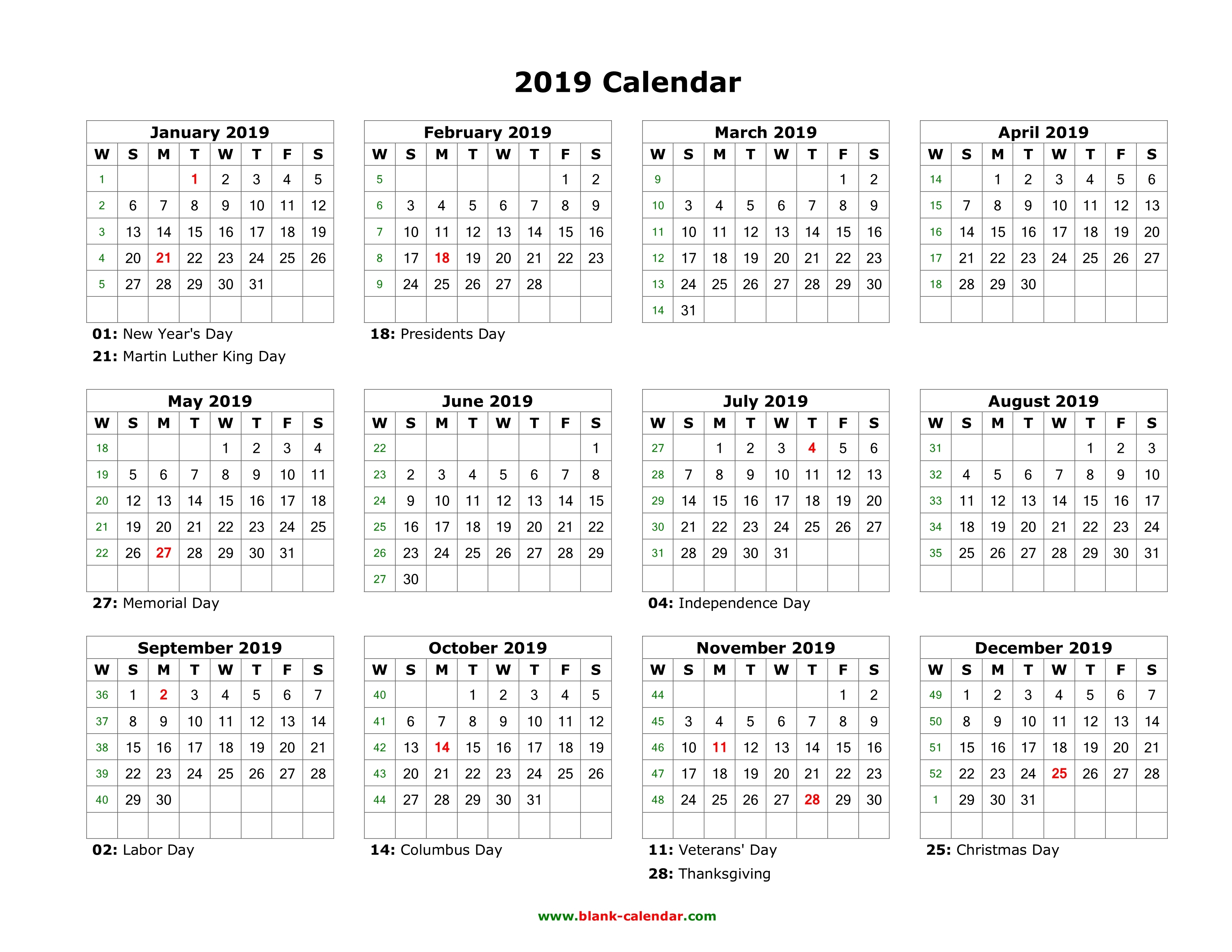 Blank Calendars 2019