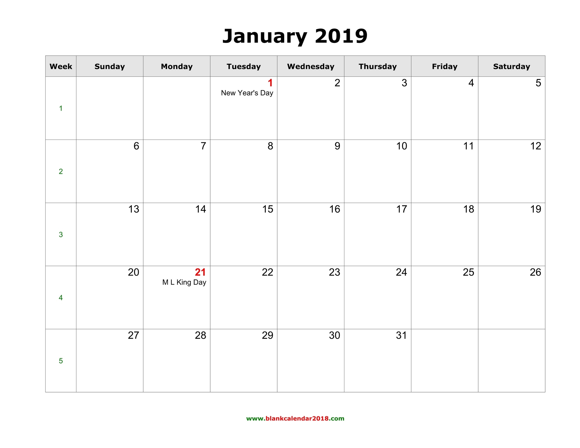 Blank Calendar For January 2019