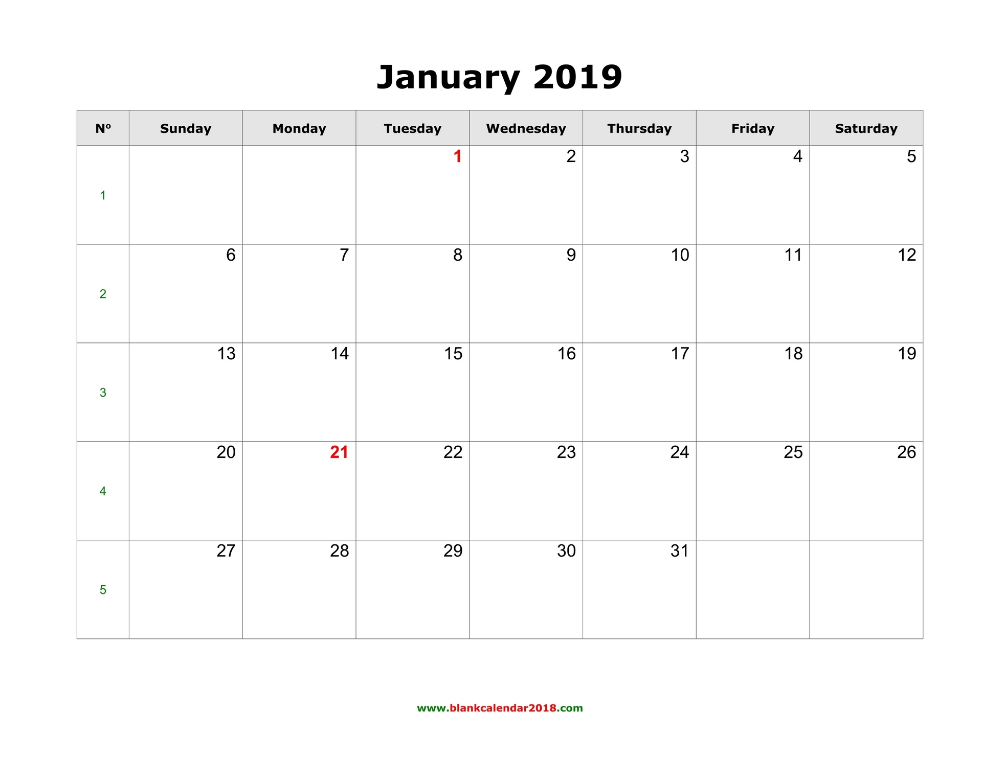 2019 January Calendar With Notes