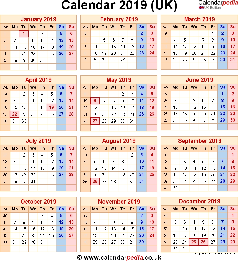Calendar 2019 Uk With Bank Holidays Excelpdfword Templates