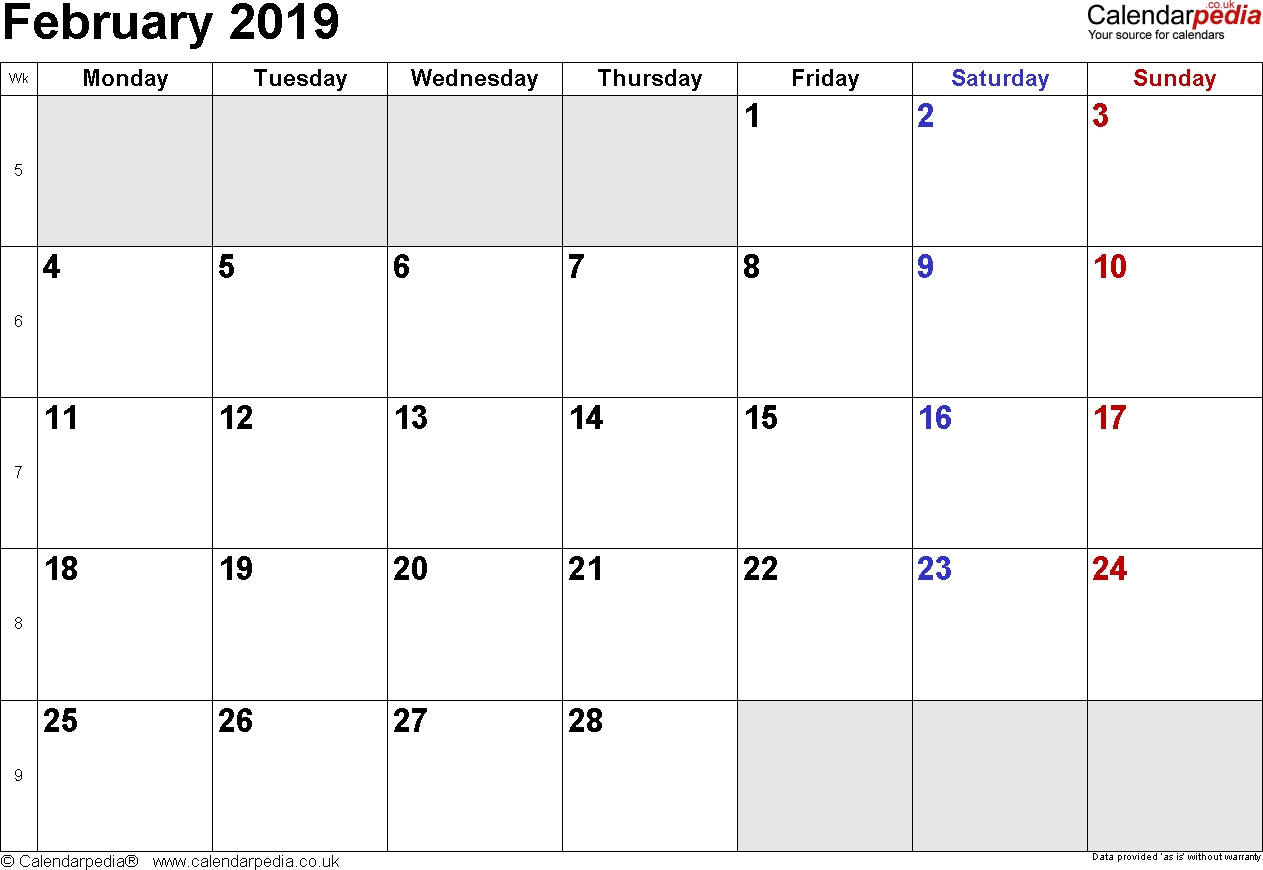 Calendar For February 2019 Uk