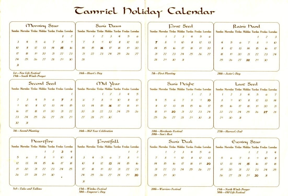Calendar Of Tamriel The Imperial Library
