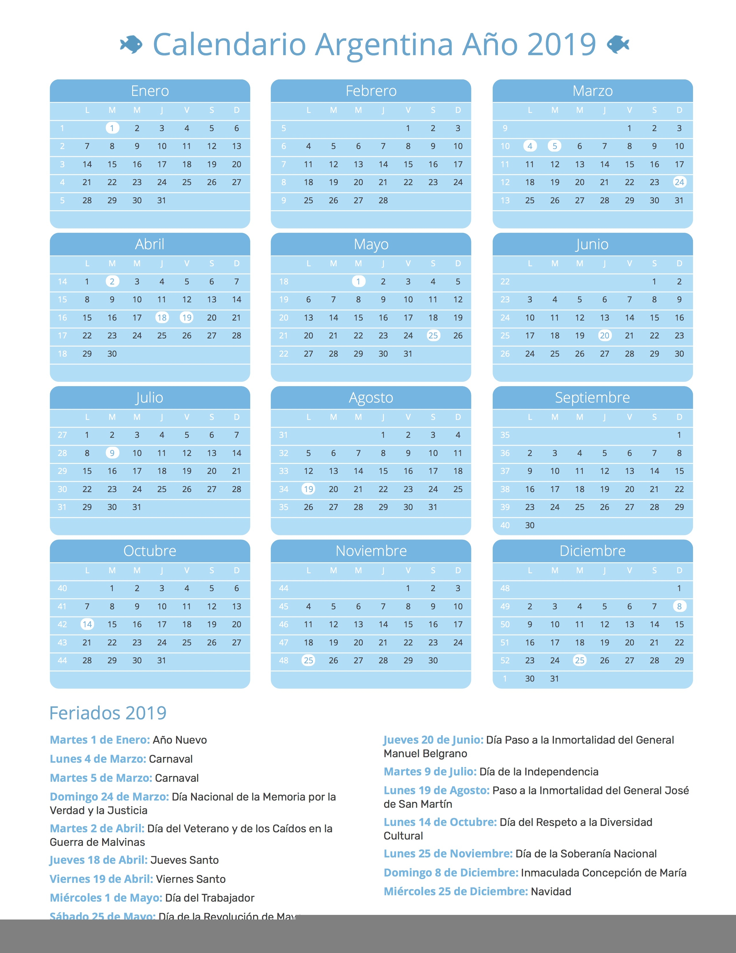 Calendario Argentina Ao 2019 Feriados