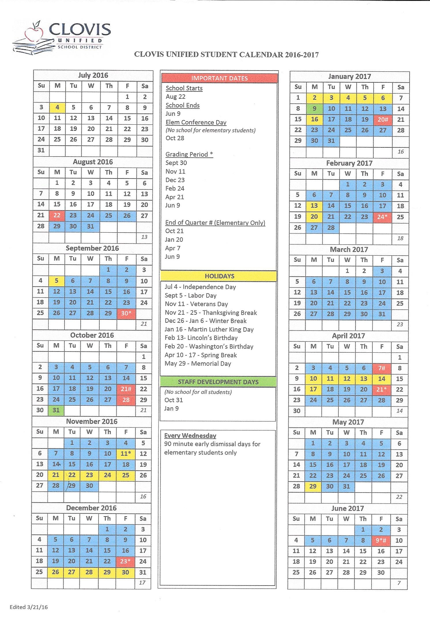 Clovis Unified School District Calendar