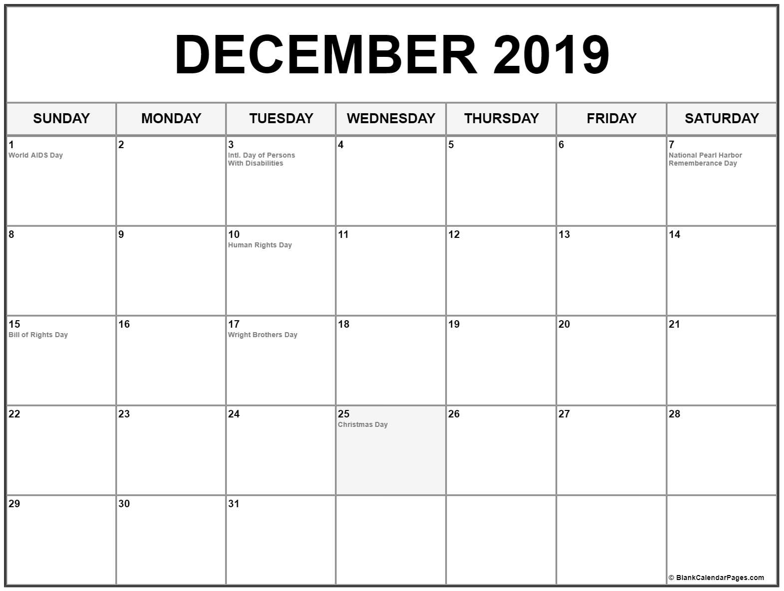 December 2019 Calendar With Holidays Us