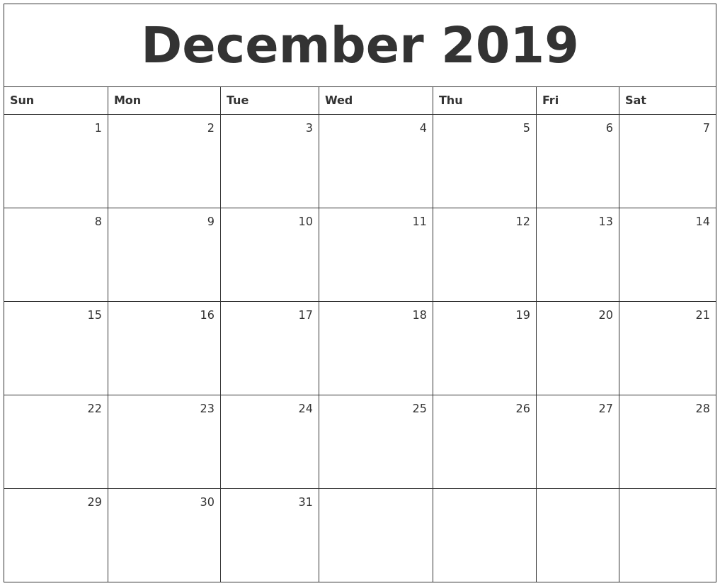 December 2019 Monthly Calendar