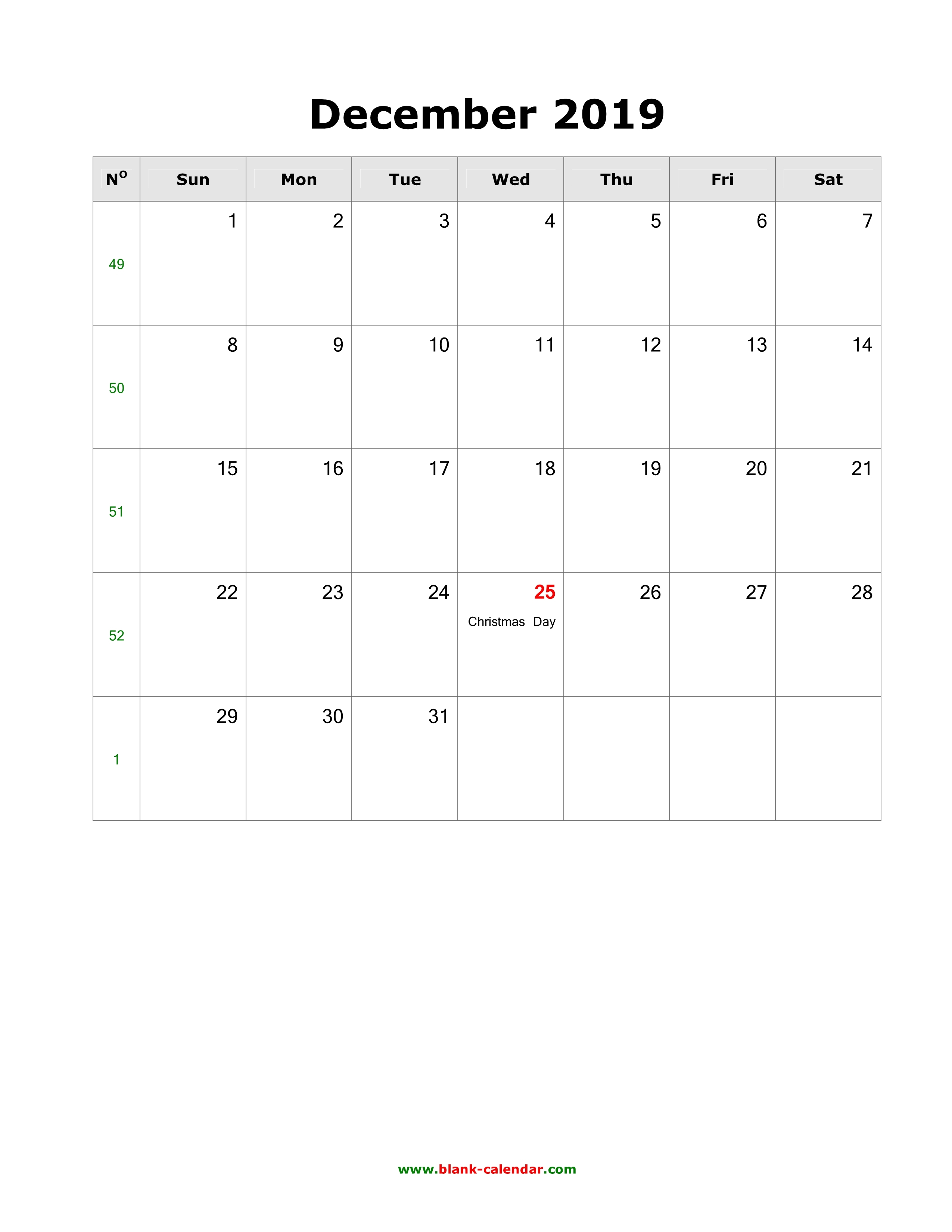 December 2019 Calendar Holidays