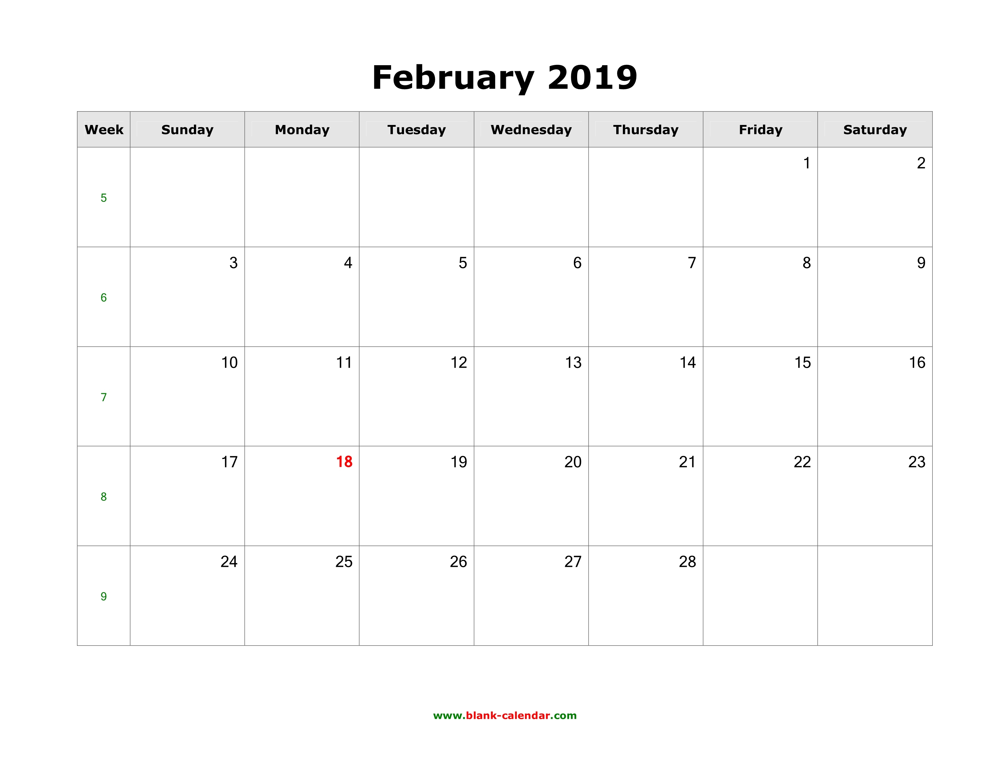 Download February 2019 Blank Calendar Horizontal