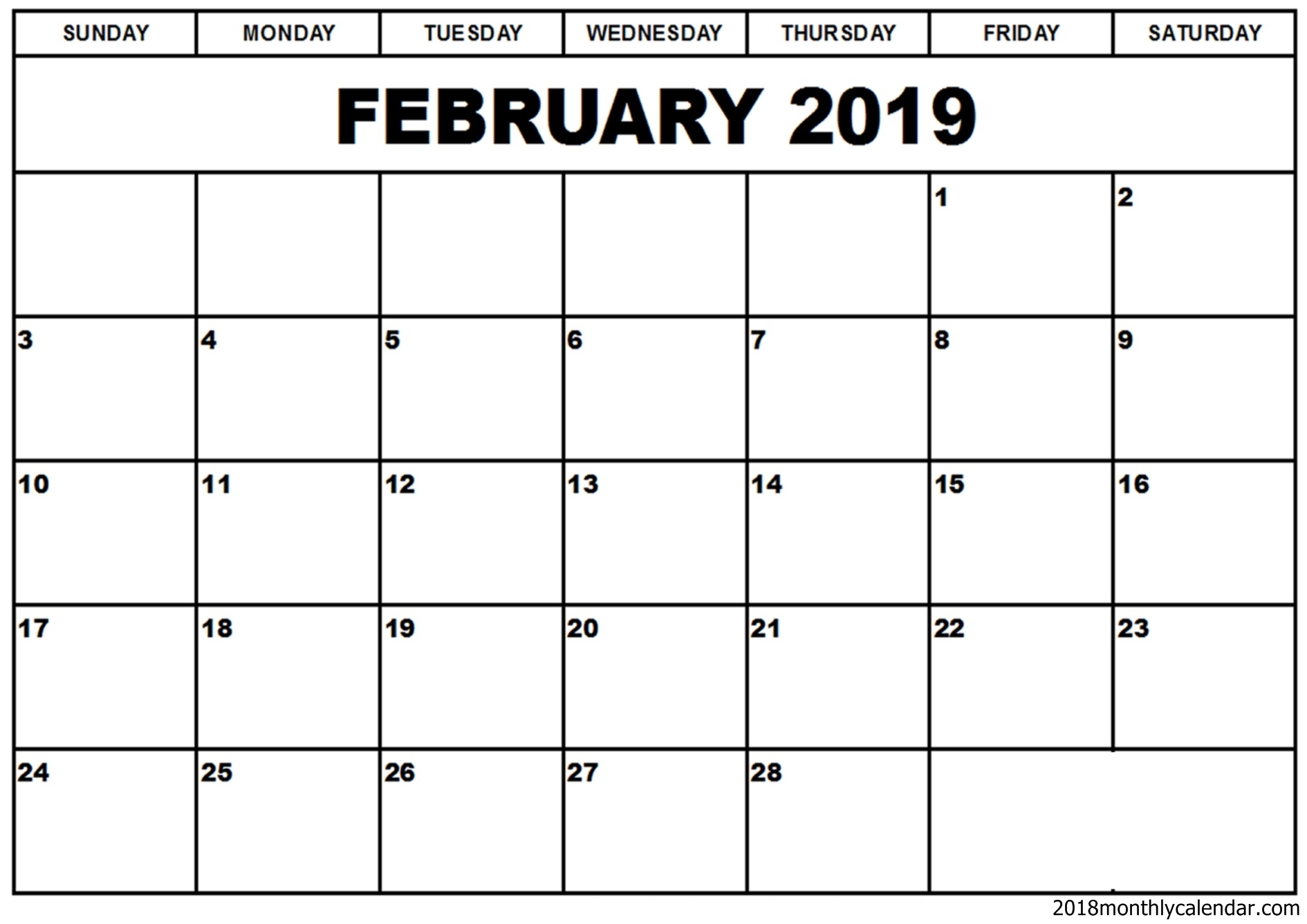 Download February 2019 Calendar Blank Editable