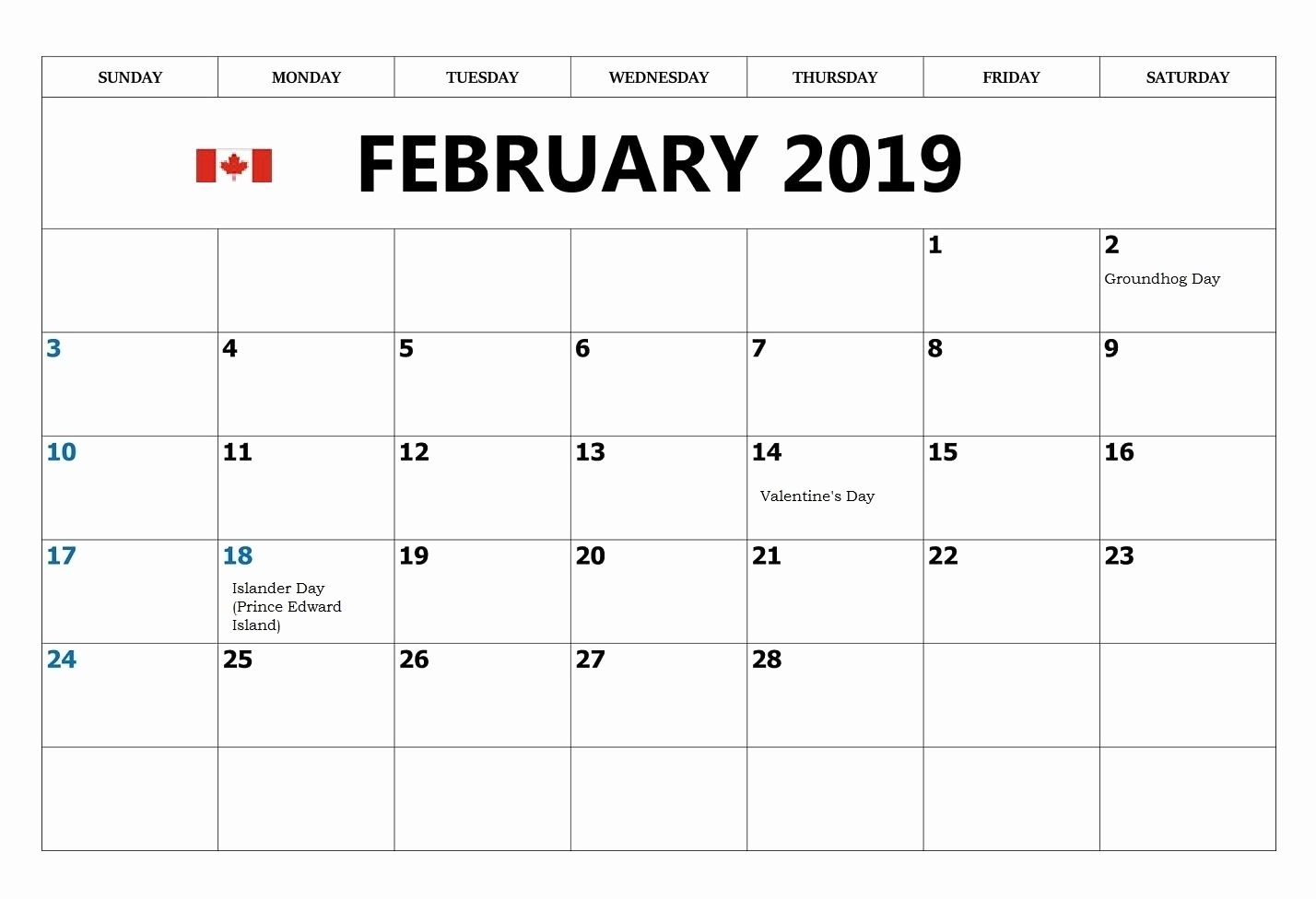 February 2019 Calendar Canada With Federal Holidays Free Printable
