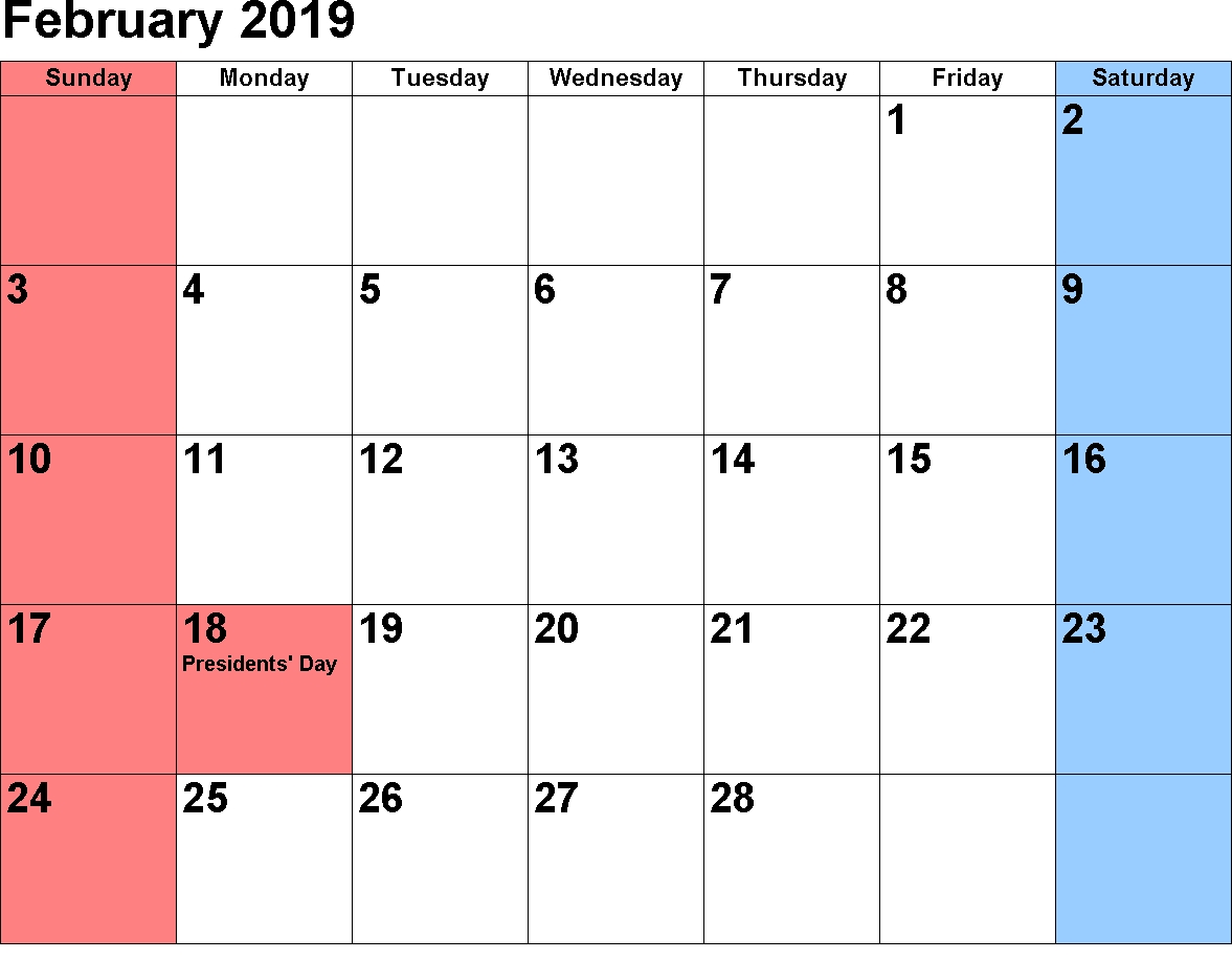 February 2019 Calendar Landscape Free Printable February 2019