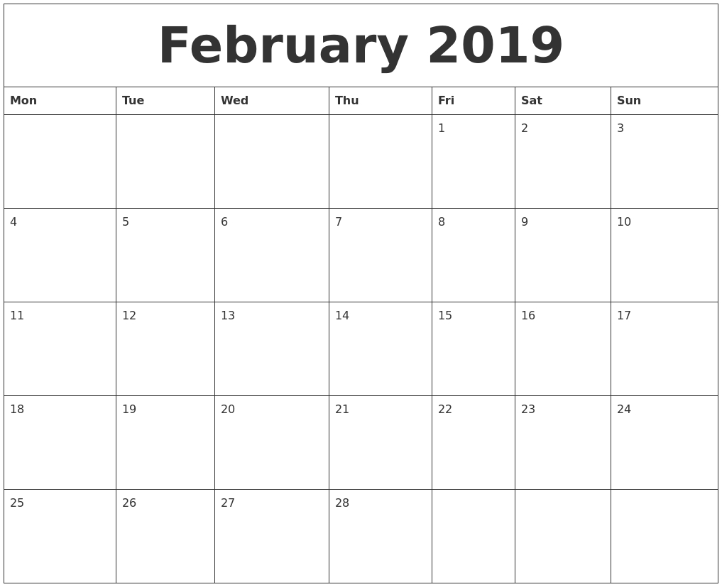February 2019 Calendar Monthly